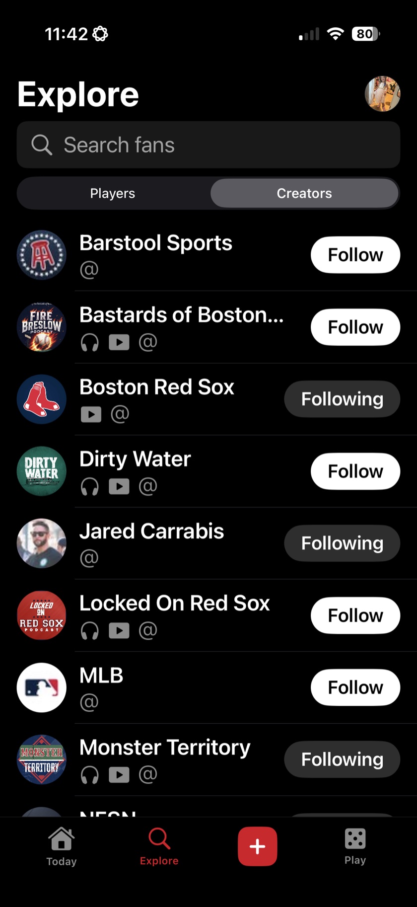 Explore tab — follow Red Sox players and creators