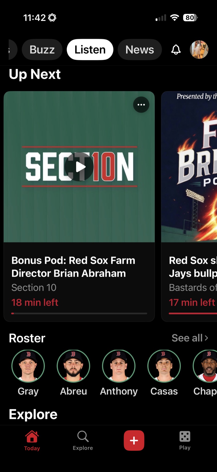 Listen tab — podcast queue and the Red Sox roster
