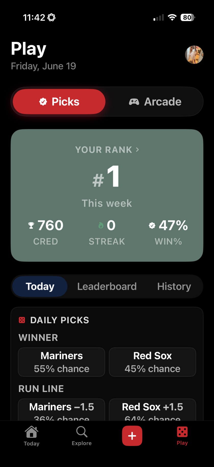 Play tab — daily AI picks and your weekly leaderboard rank