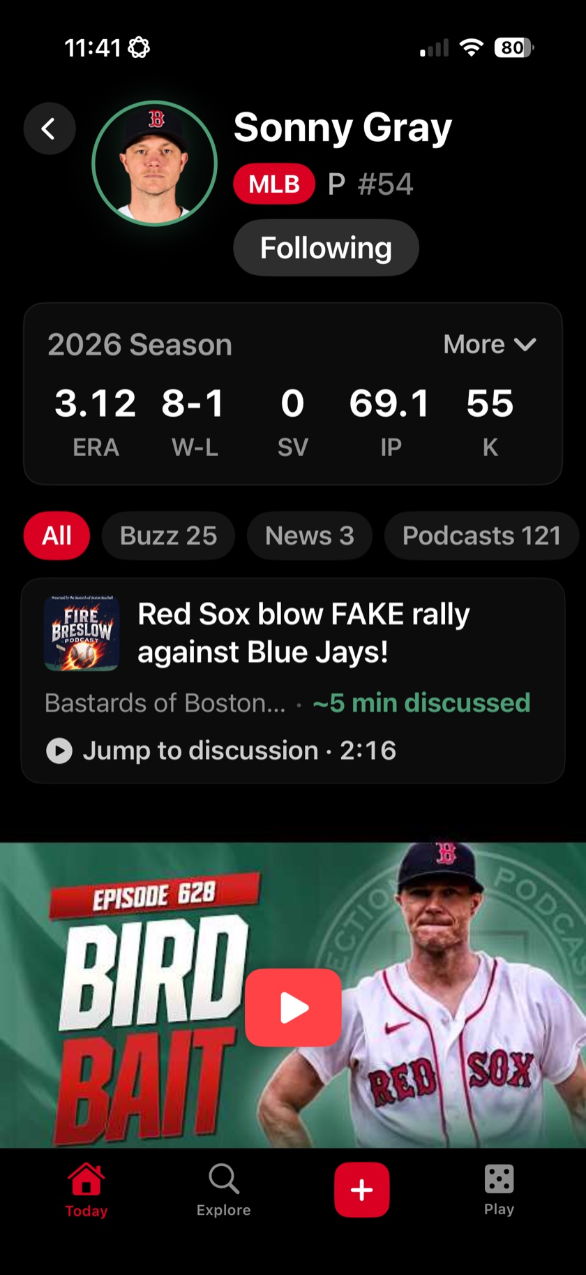 Player hub — season stats plus podcast, news and buzz mentions